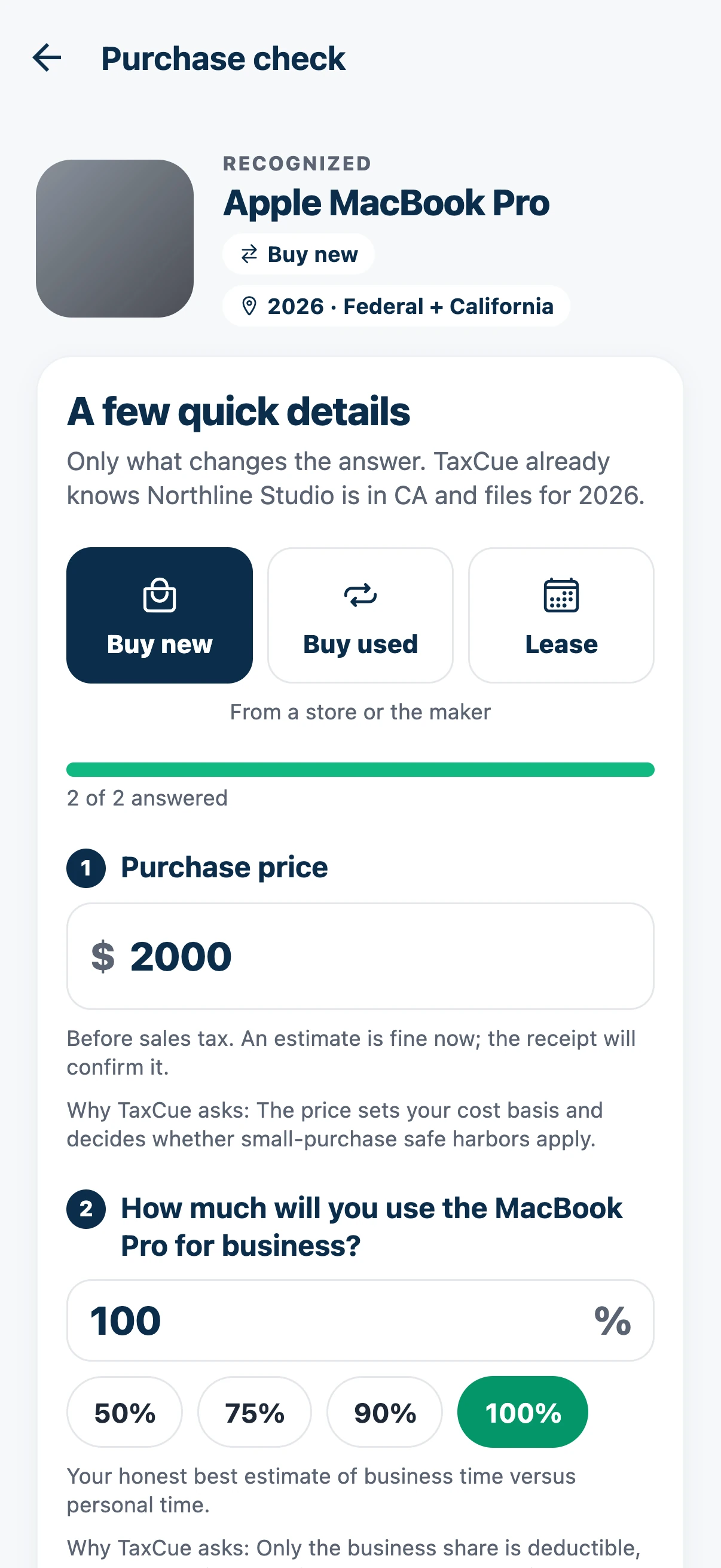 TaxCue purchase check for a MacBook Pro asking for the purchase price, business use percentage and how the business is taxed.