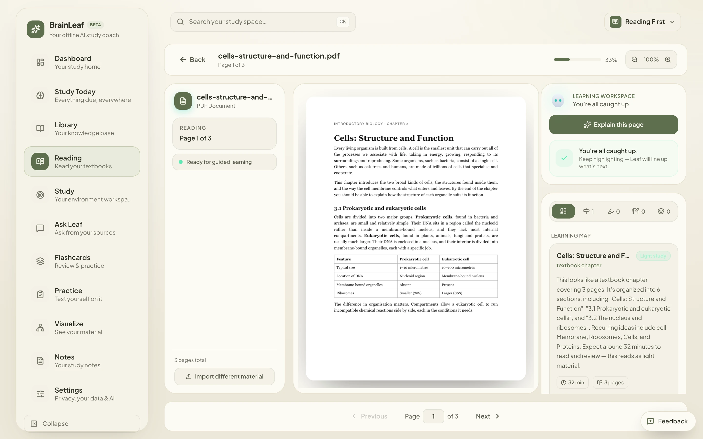 The BrainLeaf reading workspace with a biology chapter open, a learning map summarising the chapter and an Explain this page action.
