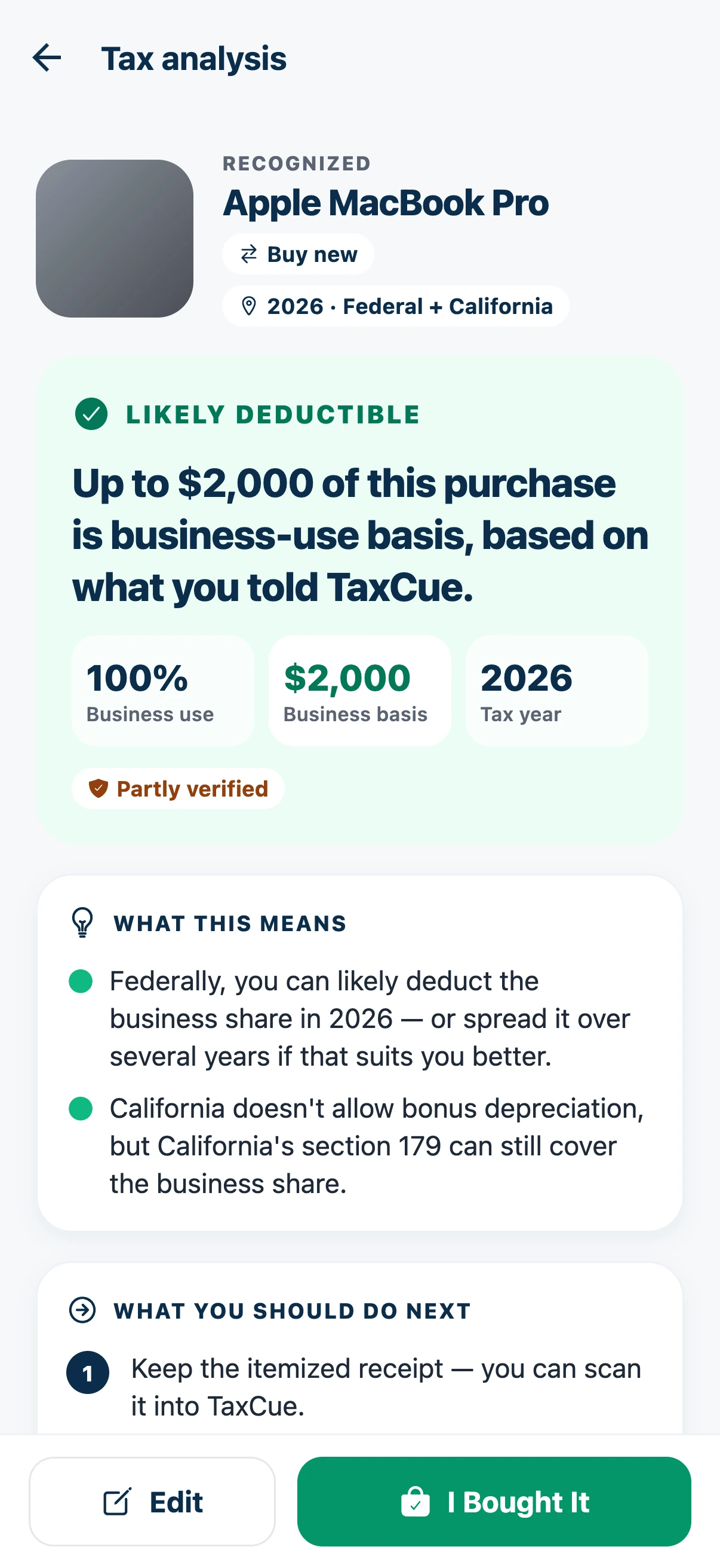 TaxCue tax analysis for a MacBook Pro bought new: likely deductible, with business use, business basis, tax year and what it means.