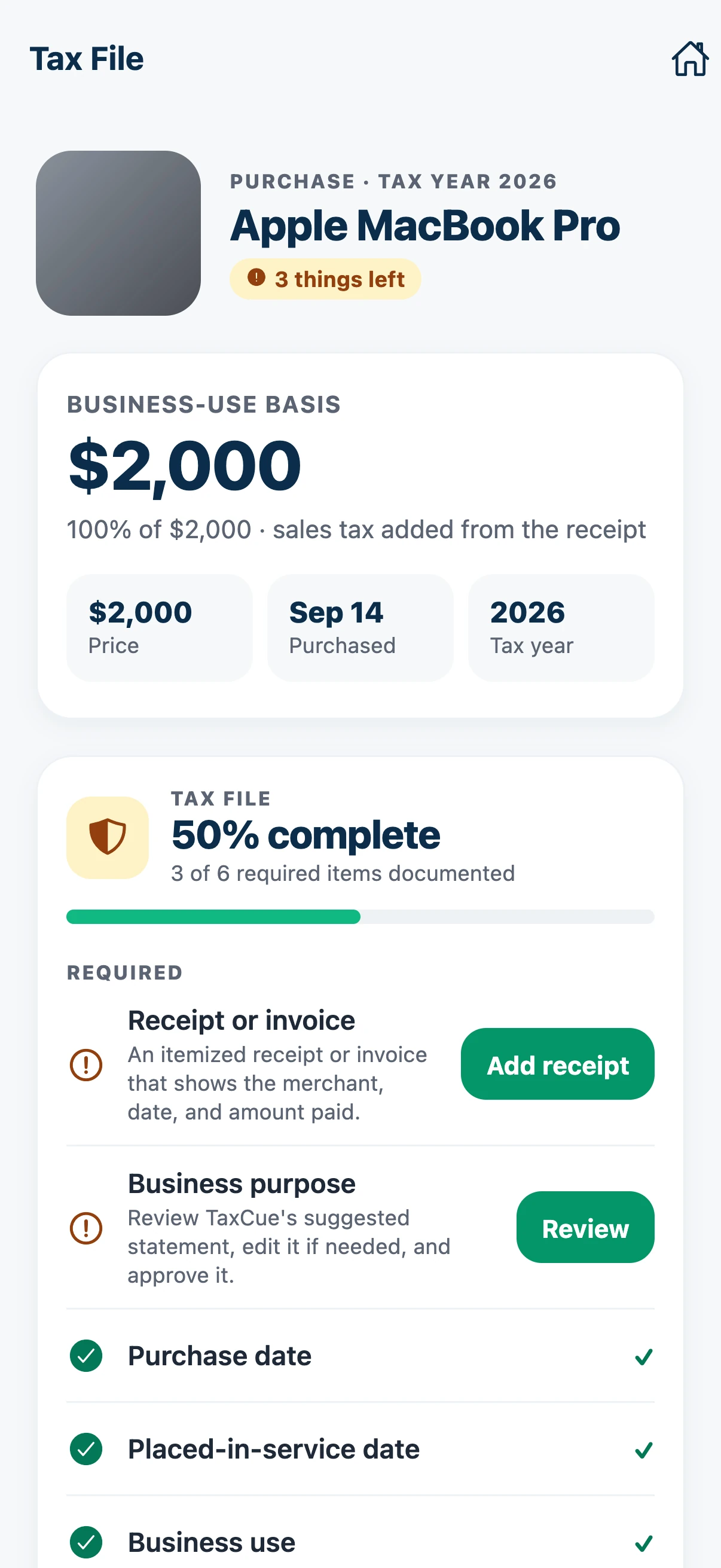 A TaxCue Tax File for the purchase, 50% complete, listing the receipt and business purpose still needed.
